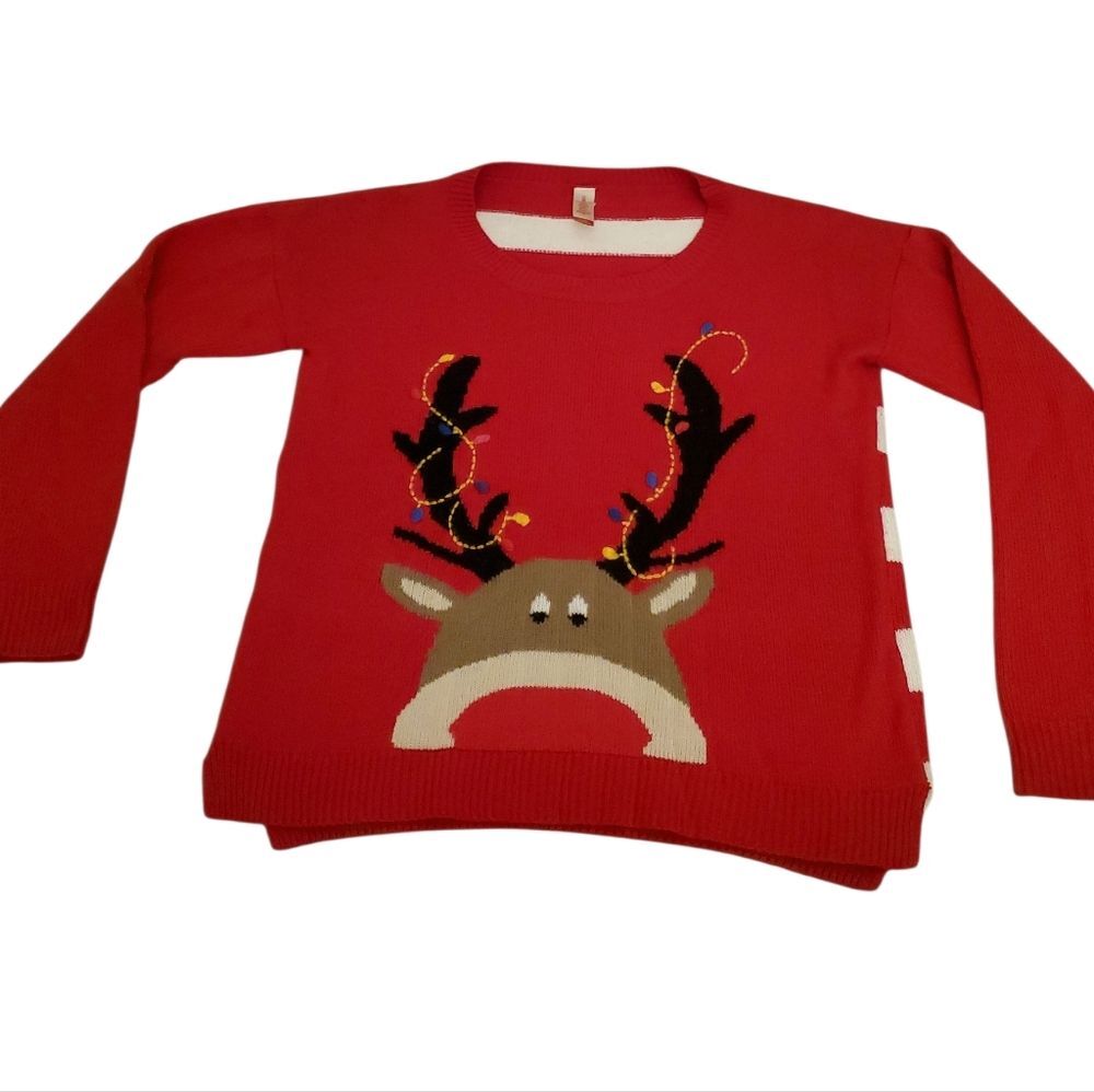 No Boundaries Rudolph Graphic Cute Red Christmas Holiday Sweater Size L Large